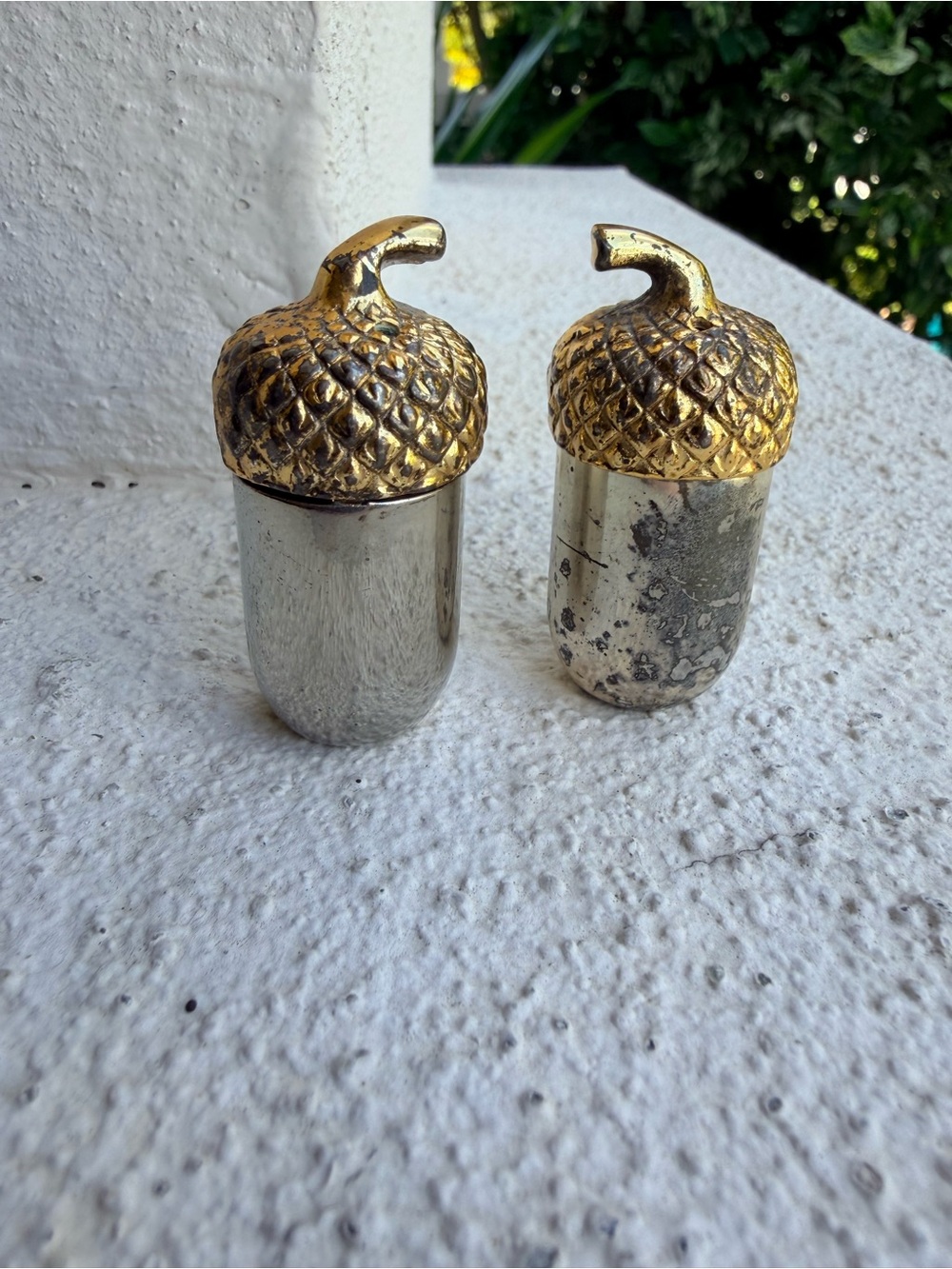Vintage Japan Acorn Salt Pepper Shakers Gold Silver Tone Metal MCM Fall Decor
